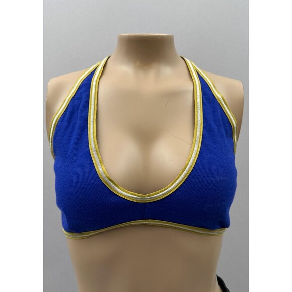 Anthropologie U-Neck Stretch T-Back Sports Bra Top Blue White Yellow Trim Size S - Picture 1 of 7